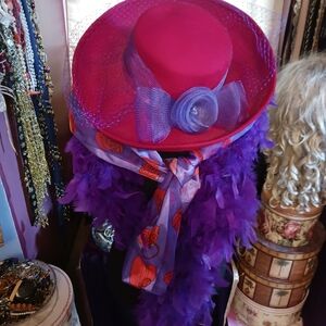 Red Hat With Purple Feather Boa & Scarf Combo